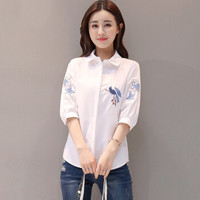 一塘晨春装女2019新款小清新翻领刺绣植物花卉图案单排扣七分袖时尚气质宽松衬衫 S81B0238CA7L 白色L