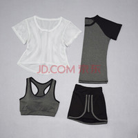 潮流假期 瑜伽服女套装夏季透气网罩衫运动四件套装 白罩衫黑拼灰色L