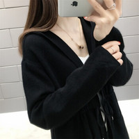 莉夏乐 2019春装新品针织衫女装韩版连帽口袋收带纯色针织开衫中长款毛衣外套 MMHS3830 黑色 均码