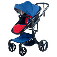 ZazaBaby英国婴儿推车可坐可躺轻便折叠高景观双向婴儿推车0-3岁双向避震婴儿车透气通用送雨罩等蓝红色