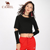 骆驼（CAMEL）瑜伽服女春夏款运动休闲T恤长袖短款露脐性感健身瑜伽上衣 Y8W123630 黑色 S