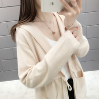 莉夏乐 2019春装新品针织衫女装韩版连帽口袋收带纯色针织开衫中长款毛衣外套 MMHS3830 米色 均码