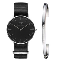 丹尼尔惠灵顿(Daniel Wellington)DW手表银边尼龙带黑色女表+百搭女士银色手镯