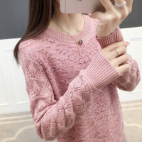 莉夏乐 2019春装针织衫新品女装双层蕾丝圆领毛衣套头打底衫简约纯色少女时尚 HCFOR3096 粉色 均码
