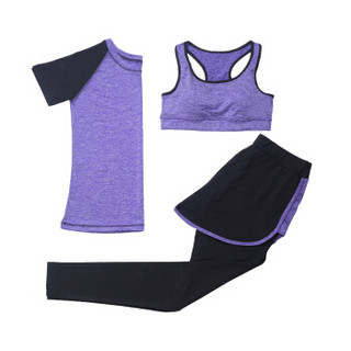 范迪慕 瑜伽服健身服运动套装女速干显瘦透气套装三四五件套 FY001-高贵紫-短袖三件套-S