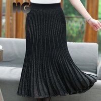 HG羊毛百褶针织裙女秋半身裙长款中年过膝宽松妈妈高腰毛线裙 黑色银丝 均码