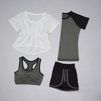 潮流假期 瑜伽服女套装夏季透气网罩衫运动四件套装 YD20199-白罩衫黑拼灰色-短袖四件套-XL