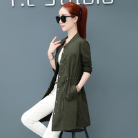 沫欣 2019年春季新品女装风衣女韩版纯色立领修身中长款长袖衬衣小衫 HZD21-858MX 军绿色 XL