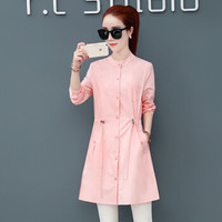 沫欣 2019年春季新品女装风衣女韩版纯色立领修身中长款长袖衬衣小衫 HZD21-858MX 粉色 XL