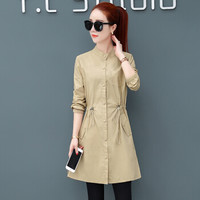 沫欣 2019年春季新品女装风衣女韩版纯色立领修身中长款长袖衬衣小衫 HZD21-858MX 卡其色 L