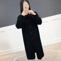 堡晟 2019春季女装新品针织衫时尚蝴蝶结套头纽扣麻花纯色前开叉长款毛衣裙 MMHS3141 黑色 均码