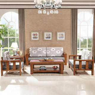 中伟实木沙发组合客厅实木现代简约小户型布艺沙发新中式沙发组合 3+2+1 海棠色