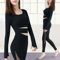 范迪慕 瑜伽服女套装2019新款速干透气运动健身服修身显瘦长袖长裤两件套 FDM1801-黑色-长袖九分裤两件套-S