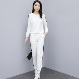 服套装女2019新款春装韩版显瘦一字肩时尚跑步运动装两件套1903白色s