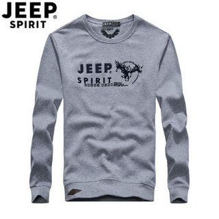 吉普 JEEP  圆领卫衣男2018秋冬新品厚款休闲宽松大码商务印花卫衣男士圆领套头长袖T恤男LS15007 灰色 L