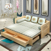 奈高NG公寓床实木床伸缩沙发床客厅小户型多功能单人双人三人两用实木床原木免漆(送全套垫子)2000*1500