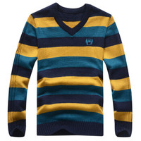 吉普盾 毛衣男条纹针织衫V领休闲套头打底衫 D9303 黄色 S
