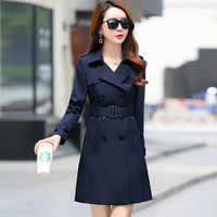 沫欣 2019年春季新品女装风衣女韩版时尚简约纯色中长款双排扣风衣外套 yzLX898MX 藏青色 M