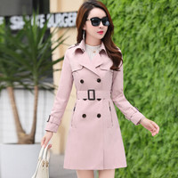 沫欣 2019年春季新品女装风衣女韩版时尚简约纯色中长款双排扣风衣外套 yzLX898MX 粉红色 L
