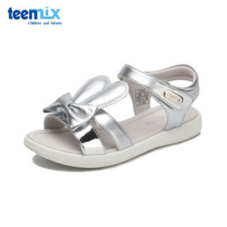 天美意（TEENMIX）童鞋夏季儿童凉鞋女童蝴蝶结兔耳朵公主凉鞋DX0366 银色 26
