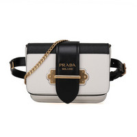 PRADA 普拉达 女士Cahier系列 白色黑色牛皮单肩斜挎包腰包链条包 1BL004 2BB0 F0964 V OCH M