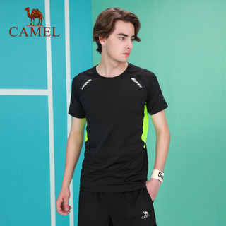 骆驼（CAMEL）瑜伽运动套装男款上衣短袖跑步训练T恤两件套装健身服 J9S206617 黑绿 XL