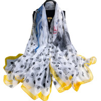 GLO-STORY 丝巾女士夏季韩版百搭海边透气圆点长款超大沙滩巾围巾两用礼盒装WSJ914008 黄白色