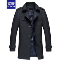 罗蒙 ROMON 风衣男2019春季新品男士翻领中长款单排扣商务休闲风衣外套LM8WWT1006 黑色 XL
