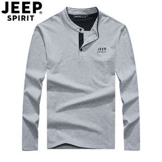 吉普 JEEP 长袖T恤男2019春新品立领商务休闲棉质大码印花中青年男装上衣打底衫LS05001 灰色 2XL