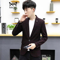 猫人(MiiOW)男士西服休闲时尚百搭格子单西便服外套QT815A-622红色3XL