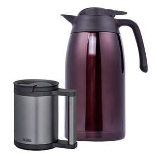 THERMOS 膳魔师 THV-2000-CBW JCP-280C BK 不锈钢保温壶马克杯 2000+280ml 棕色 黑色