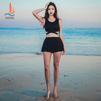 三奇（SANQI）游泳衣女 分体裙式保守 学生运动显瘦遮肚性感 韩国少女温泉泳装 19005 黑色 XL 京东自营