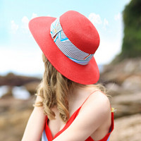 诗丹凯萨遮阳帽子女彩色缎带纯色草帽沙滩帽太阳帽女 SM126021 红色 57CM
