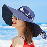 兰诗雨遮阳帽女士太阳帽夏天沙滩大沿帽子折叠防晒草帽M0491 深蓝色