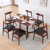 杜沃 家具实木餐厅家具简约现代小户型橡胶木 餐桌椅组合 牛角椅+单面桌1桌6椅