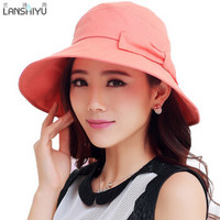 兰诗雨春夏帽子女士棉麻盆帽户外防晒太阳帽可穿马尾遮阳帽M0350 橘粉色