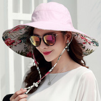 兰诗雨春夏帽子女士大檐太阳帽双面防晒遮阳帽可折叠沙滩帽M0421 浅粉色