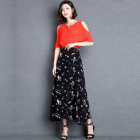 一塘晨春季女2019新款时尚韩版碎花雪纺修身气质长款大摆飘逸半身裙  S91B0234BA309XL   小碎花 XL