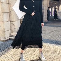 AUDDE 2019夏季新款女装新品半身裙女韩版中长款气质宽松显瘦仙女大摆长裙百褶裙 HCFX017 黑色 均码