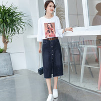 BANDALY 2019夏季新品女装半身裙中长款韩版高腰a字牛仔裙开叉单排扣一步裙 HZDF111-647 深蓝色 29/XL