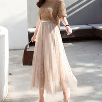 薇图（vitto）女装 2019年夏季纱裙百褶高腰网纱A字超仙中长款半身裙 xbVT513 杏色 均码