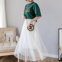 薇图（vitto）女装 2019年夏季网纱高腰压褶波点仙女优雅A字半身裙 xbVT511 白色 均码