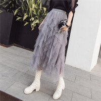 HMDIME 半身裙女春季新品 韩版时尚ins百搭小清新蛋糕裙百褶chic蓬蓬裙超仙网纱裙 GGSS1826 杏色 L