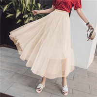 HMDIME chic时尚半身裙女2019春季新品 韩版小清新ins高腰中长款网纱裙百褶裙A字裙大摆裙 GGSS1825 杏色 S