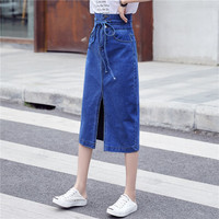 HMDIME 春夏新款 小清新牛仔裙中长款半身裙系带蝴蝶结包臀裙子 DYFS806 深蓝 L