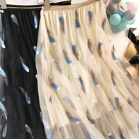 AUDDE 2019春夏季新款女装新品半身裙女立体刺绣羽毛半身裙少女心仙女裙气质长裙 zxALQY311 杏色 均码