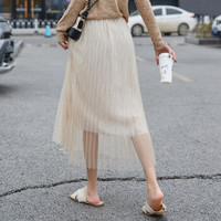 维迩旎 2019春夏季新款女装新品半身裙网纱裙中长款纱裙百褶裙 MMDB11-126 杏色 均码