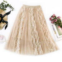 AUDDE 2019春夏季新款女装新品半身裙女轻盈蓬松提花蕾丝时尚网纱裙子气质大摆裙 zxALQY386 杏 均码