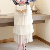 liqiao 丽乔 春季新款半身裙女韩版学院风百搭甜美风优雅四层满天星网纱半身裙 zx2A017-3008 杏色 XXL