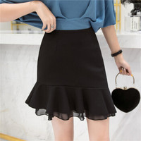 HMDIME 鱼尾时尚ins半身裙女2019春季新品 韩版高腰修身显瘦防走光裙裤雪纺拼接荷叶边A字短裙GGSS1810黑色 S